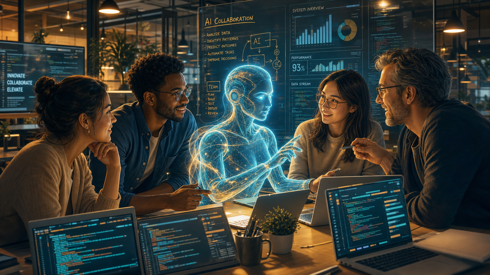 Team aus Softwareentwickler:innen arbeitet gemeinsam mit KI an einem agilen Prozess